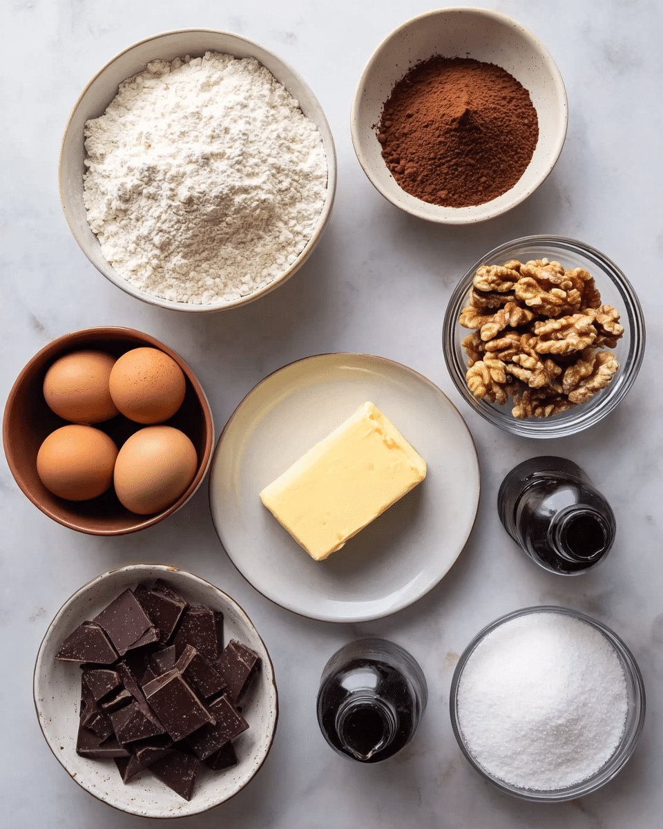 The image shows nine bowls and containers arranged on a white marbled surface. There are three brown eggs in a small brown bowl at the bottom center, next to a small black bottle with a spout on the right. Above the eggs is a white bowl filled with white flour, and to its right a white bowl with cocoa powder. Above the cocoa powder is a white bowl with light brown sugar, and to the left is a small glass bowl filled with walnut halves. In the center is a small white plate with a block of butter. To the right of the butter is a larger white bowl filled with granulated white sugar, and to the left above the walnuts is a small clear bowl with chunks of dark chocolate. Photo taken with an iphone --ar 4:5 --v 7