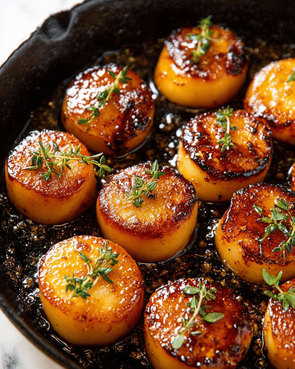 The image shows nine golden-brown rounds of cooked food, each with a glossy surface and a crispy edge, sizzling in a black cast iron pan. The rounds are arranged closely together, each topped with small green herb sprigs that add a pop of color. The pan surface is lightly covered in oil, giving a shiny and textured look that highlights the golden color and slight charring of the rounds. The food looks juicy and rich with a warm glow from the light reflecting off the oil and herbs, set against a white marbled background. Photo taken with an iphone --ar 4:5 --v 7