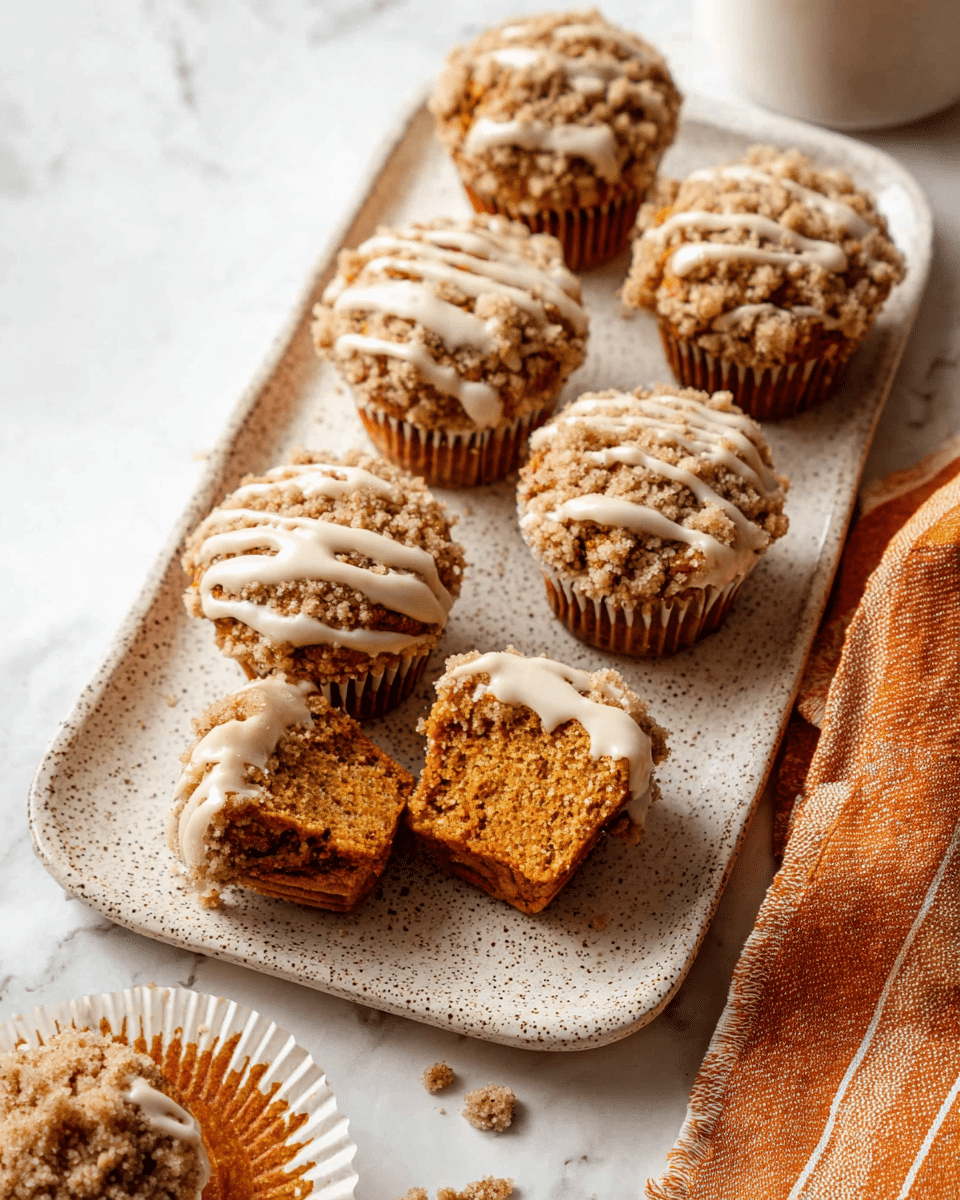 The image shows seven crumb-topped muffins placed on a long, white speckled plate on a white marbled surface. Each muffin has three layers: a base of rich orange-brown muffin, a thick crumbly light tan topping, and a drizzle of white icing unevenly spread over the crumbs. Two muffins are shown with bites taken out, revealing the dense, moist texture inside. The muffins sit inside white cupcake liners. Some muffin crumbs are scattered around the plate. To the side, a folded orange and cream cloth napkin adds a touch of warmth to the scene. Photo taken with an iphone --ar 4:5 --v 7