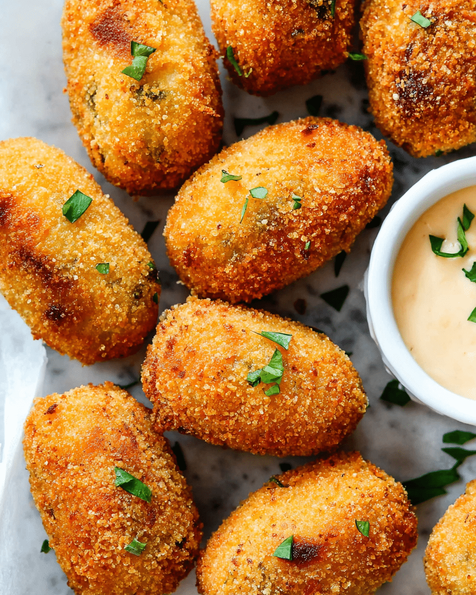 The image shows several golden-brown croquettes with a crispy, rough breadcrumb coating scattered closely together on a white marbled surface. Each croquette is oval-shaped with some garnished with small green herb leaves on top. A small white bowl with a smooth creamy dipping sauce is placed on the right side, partially visible, and also has a few green herb leaves sprinkled near the edge. The croquettes have a crunchy texture with some darker toasted spots, arranged in one layer filling most of the image frame. Photo taken with an iphone --ar 4:5 --v 7