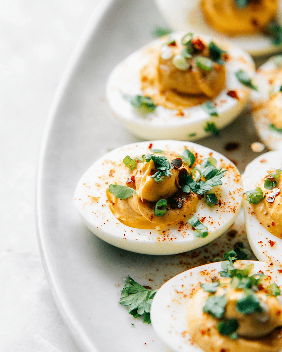 The image shows several halves of boiled eggs arranged in a line on a white plate placed on a white marbled texture surface. Each egg half has a smooth white base with a creamy yellow filling in the center. On top of the filling, there are small chopped green herbs, adding a fresh contrast. Some red pepper flakes and black pepper are sprinkled lightly on the eggs and the plate, giving a hint of spice and texture. The back of a woman's hand partially holding a piece is visible near the top right corner of the image. Photo taken with an iphone --ar 4:5 --v 7