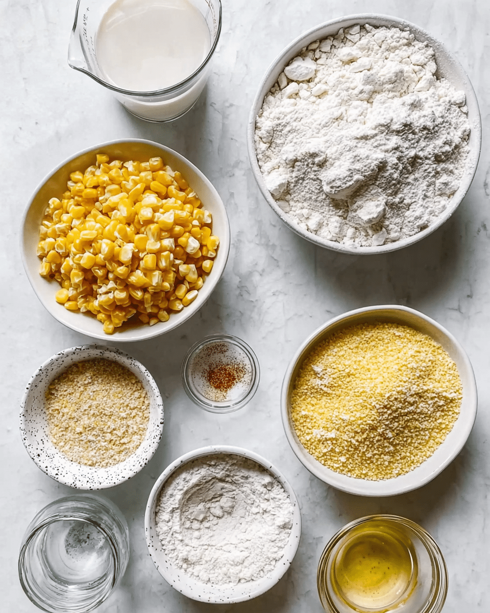 The image shows several white bowls and glasses arranged on a white marbled surface. In the top right, there is a large white bowl filled with white flour. Below it, a medium white bowl holds bright yellow frozen corn kernels lightly dusted with flour. At the bottom right, a white bowl contains yellow cornmeal with a grainy texture. To the left of that, another white bowl has light brown almond flour. Near the center, a small white bowl with a speckled pattern contains white baking powder along with a pinch of red spice. Above it, a small glass cup has light golden oil, and next to that is a small clear glass jar filled with a transparent liquid. In the top left corner, there is a glass measuring cup holding white milk. The items are neatly placed, creating a tidy and clean scene. photo taken with an iphone --ar 4:5 --v 7