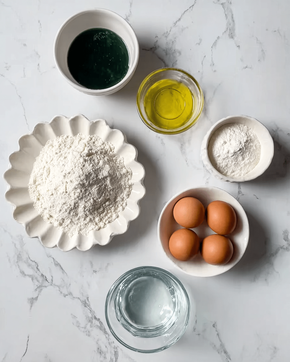 The image shows six containers with cooking ingredients arranged on a white marbled surface. At the top left, there is a white bowl filled with a dark green liquid. To its right, a small clear glass bowl holds a light yellow oil. Below these, a white scalloped plate is heaped with a white powdery substance, likely flour or powdered sugar. To the left, a white bowl contains a smaller amount of a similar white powder. On the right side, a small white bowl holds three brown eggs with shells intact. At the bottom center, a clear glass bowl is filled with clear water. The photo was taken with an iphone --ar 4:5 --v 7