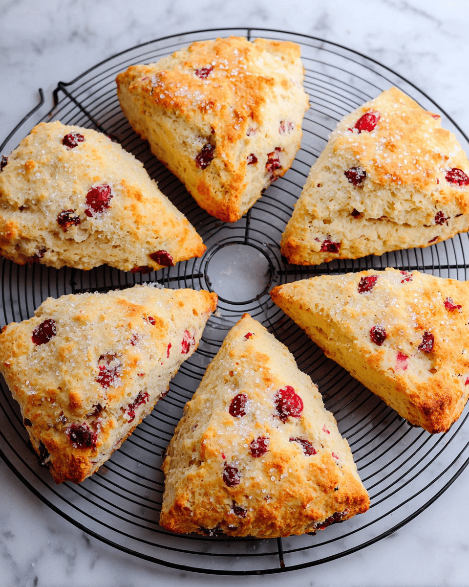 The image shows six golden-brown scones arranged in a circle on a round black wire cooling rack placed on a white marbled surface. Each scone is triangular with a crumbly texture on top, sprinkled with sugar crystals, and dotted with bright red cranberry pieces that create small bursts of color throughout the light beige dough. The scones have slightly crisp edges with softer, crumbly centers visible. The overall look is rustic and homemade with a warm, inviting color palette. Photo taken with an iphone --ar 4:5 --v 7