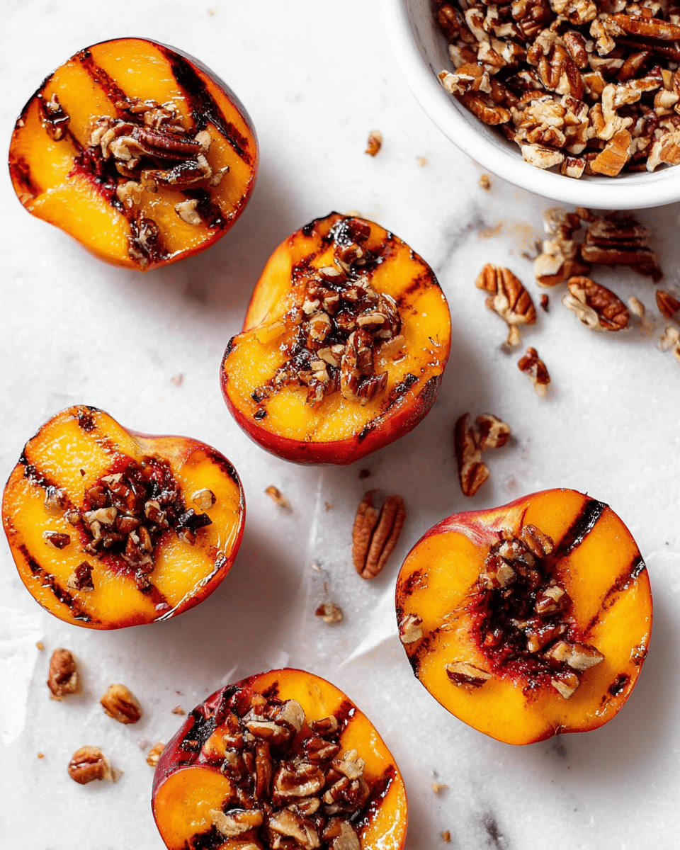 The image shows six grilled peach halves placed on a white marbled textured surface. Each peach half is vibrant orange with reddish edges and charred grill marks. On top of each peach half is a scattering of chopped pecans, adding a crunchy texture. In the top right corner, there is a white bowl filled with more chopped pecans, some spilling onto the marbled surface. The colors are bright and warm, with the peaches’ juicy texture contrasting with the nuts’ rough texture. photo taken with an iphone --ar 4:5 --v 7