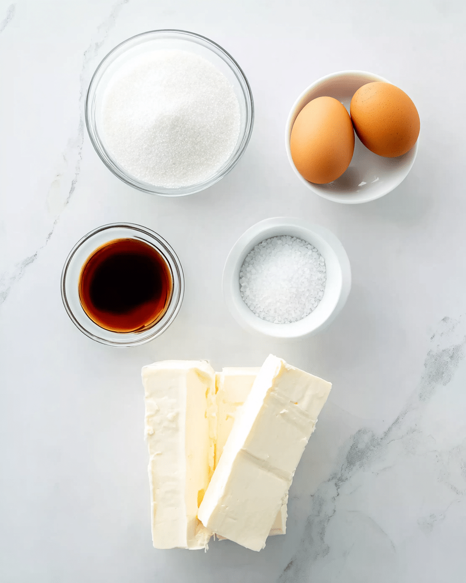 The image shows six ingredients arranged on a white marbled surface in a neat layout. At the bottom center, there are two thick, rectangular blocks of white cream cheese stacked on each other, showing a smooth texture. Above and slightly to the left of the blocks is a white bowl filled with white granulated sugar, which has a fine and shiny texture. To the right of the sugar bowl is a small white bowl with white salt, smooth and slightly coarse on top. Above and to the right of the salt bowl is another white bowl holding two whole eggs with light brown shells, smooth and round. To the top left of the eggs is a round white bowl containing a dark brown liquid, smooth and reflective. The clean, bright setting and organized layout give a fresh and simple feel to the image. Photo taken with an iphone --ar 4:5 --v 7