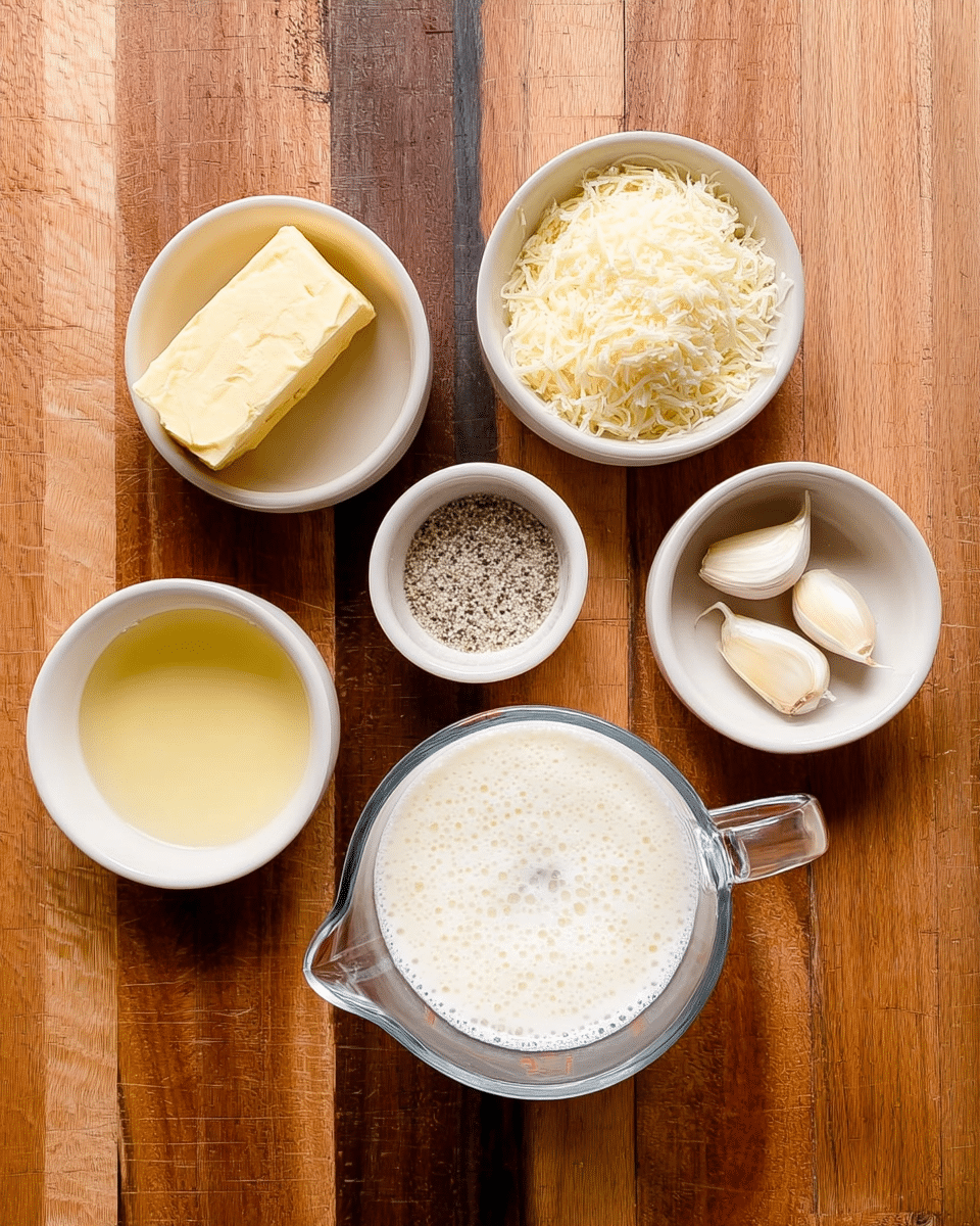 The image shows six small white bowls arranged on a wooden surface. The top left bowl has two small thick yellow butter blocks. To its right is a bowl holding a mix of white salt and black pepper. Further right, a bigger white bowl filled with finely grated pale yellow cheese sits. Below on the left is a bowl with a light golden liquid, likely oil. In the center is a clear glass measuring cup filled almost to the top with foamy white cream. The bottom right bowl has two peeled garlic cloves that are off-white and smooth. All bowls are simple and round with the white marbled texture replaced under them. Photo taken with an iphone --ar 4:5 --v 7