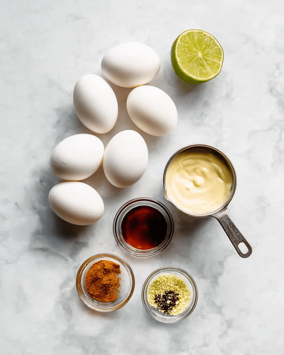 The image shows six white eggs clustered on the left side on a white marbled surface. Above them, there is a halved lime with a bright green inside. To the right of the eggs, a small metal measuring cup contains a creamy pale yellow substance, and below it are two small clear glass bowls. One bowl has a dark reddish-brown liquid, and the smaller bowl next to it holds a mix of finely ground yellow, white, and black spices. The arrangement is neat and spaced, with soft natural light highlighting the textures. Photo taken with an iphone --ar 4:5 --v 7