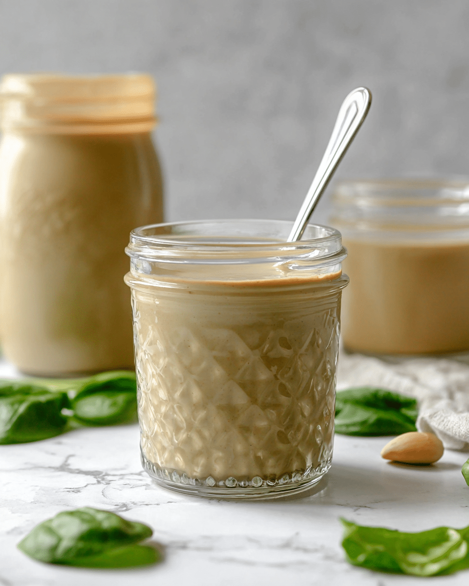 The image shows three clear glass jars filled with a smooth, beige creamy sauce. The jar closest to the front is wide and short with a textured pattern on the glass, holding sauce just below the rim, with a silver spoon standing inside it. In the background, two taller jars are visible, also filled with the same sauce, with one slightly blurred and a little behind the jar in front. A few fresh green leaves lie on the white marbled surface around the jars, along with a single pale nut near the front jar. The scene is softly lit with a simple gray background, creating a clean and fresh look photo taken with an iphone --ar 4:5 --v 7