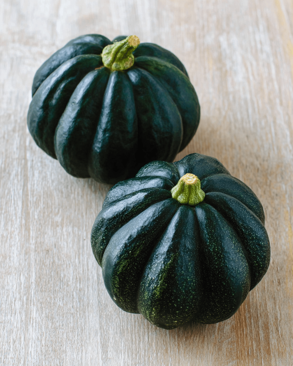 The image shows two dark green acorn squashes with a shiny, smooth texture and deep ridges. One squash is positioned on its side, showing its curved, ribbed surface, while the other is placed upright, displaying its rounded bottom and short, light green stem. Both squashes rest on a surface with a light wood grain texture, bright and natural. photo taken with an iphone --ar 4:5 --v 7