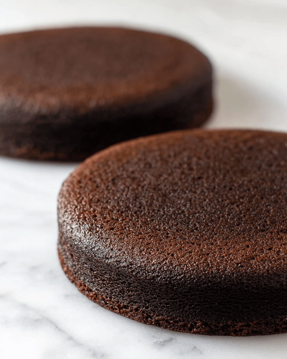 The image shows two single-layer dark chocolate cake rounds, placed directly on a white marbled surface. Both cakes have a rich, deep brown color with a soft, slightly textured surface and edges that are slightly rounded. One cake is positioned in the front, taking most of the focus, while the other is slightly blurred in the background. photo taken with an iphone --ar 4:5 --v 7
