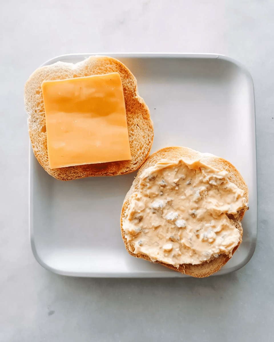 The image shows two slices of toasted bread placed open-faced on a white plate over a white marbled surface. The slice on the left has a square slice of light orange cheese on top, showing a smooth texture and clean edges. The slice on the right is spread evenly with a creamy, light beige mixture that appears to have small bits of herbs or vegetables mixed in, giving it a slightly chunky texture. There is a woman's hand that seems to be about to assemble the sandwich. The overall look is simple and neat, with soft lighting highlighting the textures. photo taken with an iphone --ar 4:5 --v 7