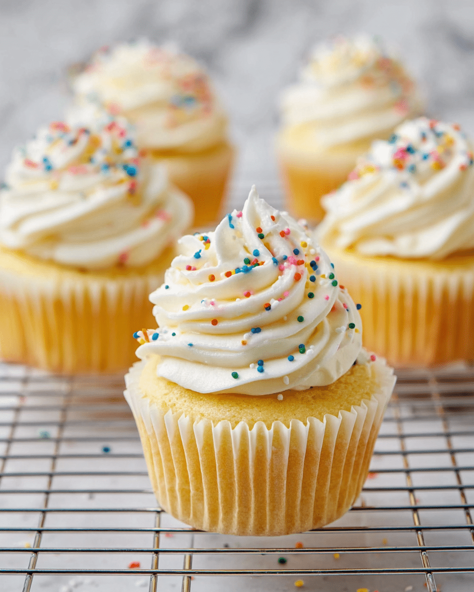 The image shows yellow cupcakes with one main cupcake in the front and three others blurred in the background, all placed on a silver cooling rack over a white marbled surface. Each cupcake has a golden base with a ridged white cupcake liner and is topped with a thick swirl of white frosting showing a soft, smooth texture. The frosting is decorated with small round colorful sprinkles scattered across the surface. The layers consist of the cupcake base at the bottom, with the frosting on top, and the sprinkles spread evenly on the frosting, creating a colorful and inviting look. Photo taken with an iphone --ar 4:5 --v 7