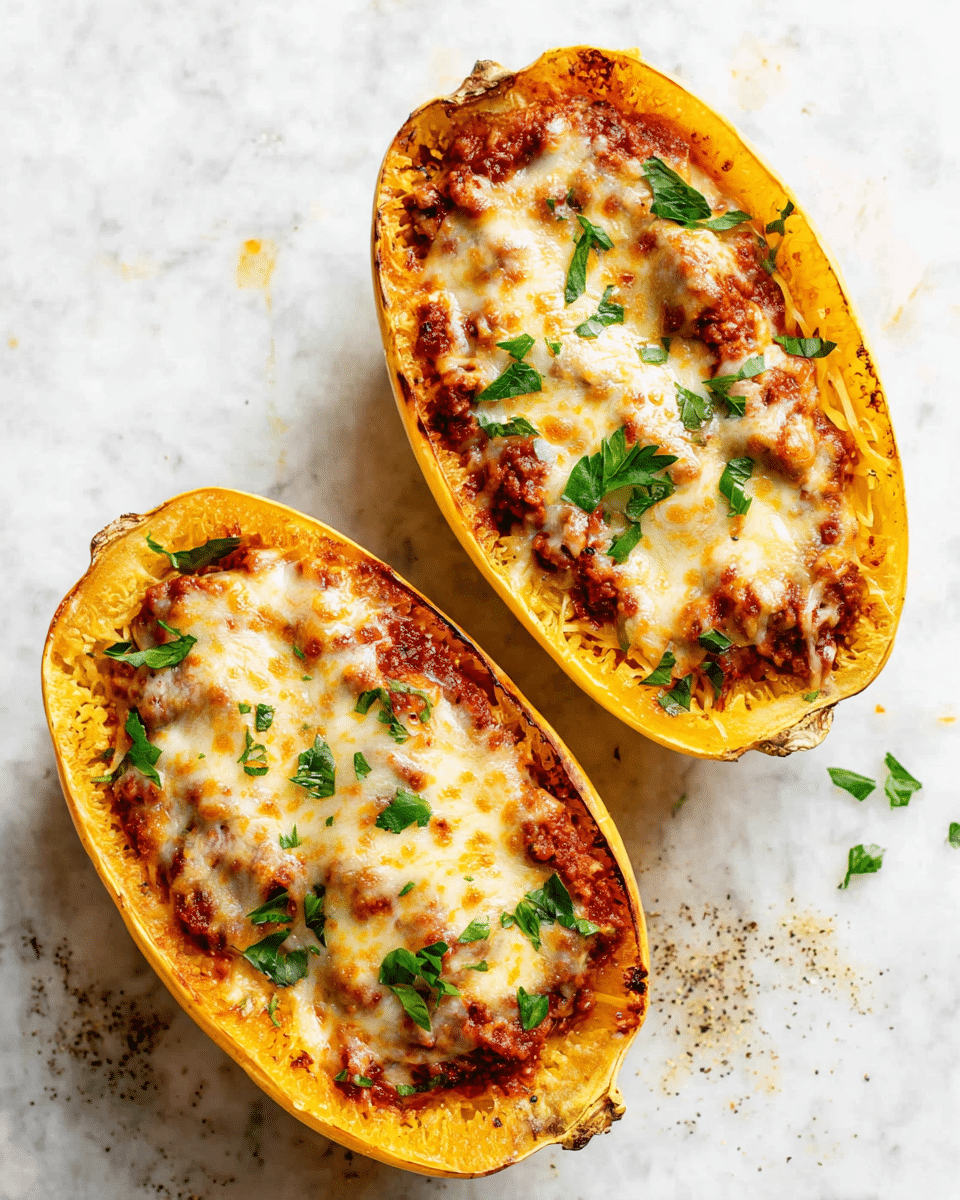 Two halves of baked spaghetti squash sit on a white marbled surface, each filled with three visible layers: the bottom layer is the smooth yellow-orange squash shell, the middle layer is a chunky dark red tomato sauce mixed with ground meat, and the top layer is melted golden-brown cheese lightly browned on top. Fresh green parsley leaves are sprinkled over the cheese and the marbled surface around the squash halves, adding a pop of color. Small spots of sauce and ground black pepper are scattered on the white marbled background. photo taken with an iphone --ar 4:5 --v 7