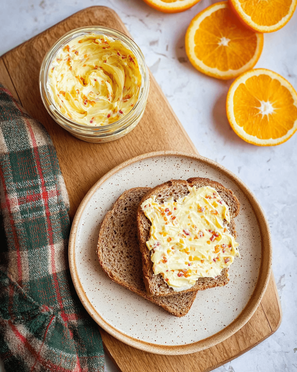 Two slices of brown whole wheat bread lie on a speckled beige plate placed on a green and red checked cloth napkin on a wooden board, all set against a white marbled surface. On the top slice, there is a creamy layer of yellow butter mixed with small bits of red and orange, spread unevenly. Above the bread and plate, there is a glass jar filled with the same butter spread, showing swirls of the yellow mixture with bits inside. Around the wooden board, there are several orange slices with their bright orange and yellow flesh visible. Photo taken with an iphone --ar 4:5 --v 7