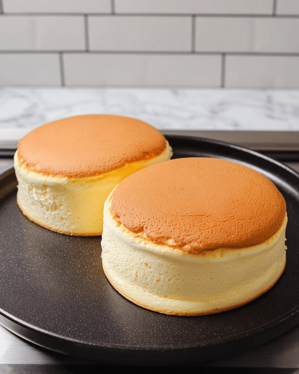 Two thick, round fluffy Japanese-style cheesecakes with smooth, light golden brown tops sitting side by side on a dark round cooking pan. Each cheesecake has a pale yellow body with a soft, spongy texture and slightly browned edges at the bottom. The pancakes are thick, about two inches tall, and their tops are evenly browned with subtle color gradients. The background shows a white marbled texture under the pan and white square tiles behind. Photo taken with an iphone --ar 4:5 --v 7
