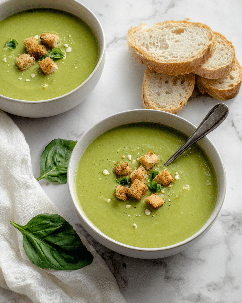Two white bowls sit on a white marbled surface, each filled with smooth green soup that has a creamy texture. The soup is topped with small golden-brown croutons, small white seeds, and green herb pieces in the center. One bowl has a silver spoon resting on its edge. Near the bowls, there are three slices of crusty bread with a light brown crust and airy inside, and a fresh basil leaf with three dark green leaves lays on the surface. A white cloth is softly draped near the bread. Photo taken with an iphone --ar 4:5 --v 7
