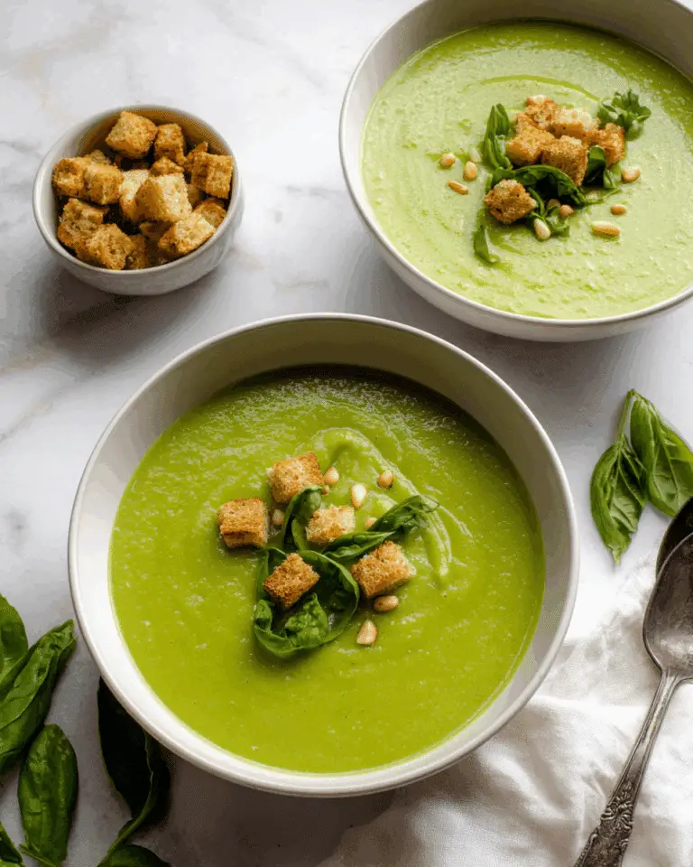Roasted Courgette Soup with Peas and Basil topped with Ciabatta Croutons and Pine Nuts Recipe