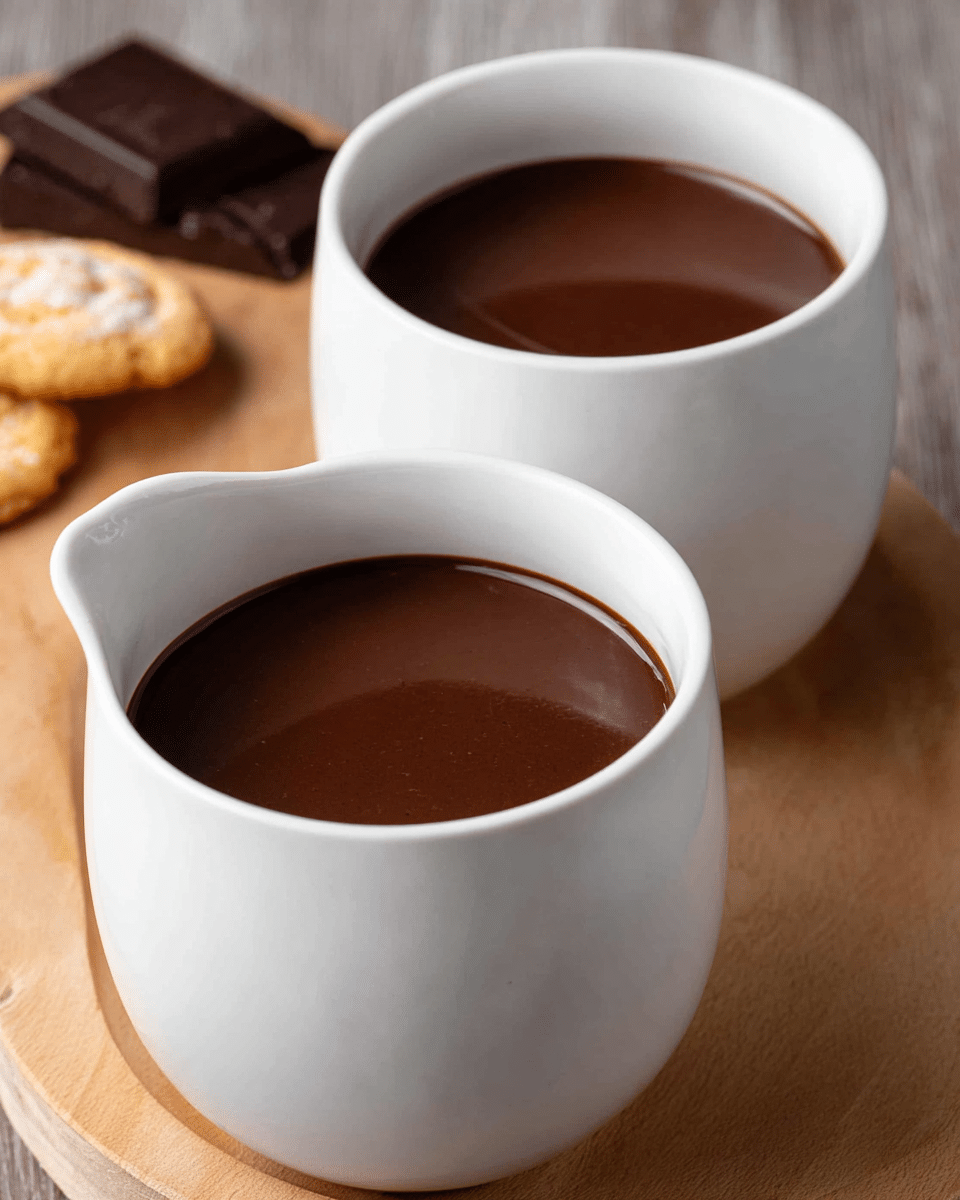 Two white cups filled with a rich, dark brown liquid, likely hot chocolate or coffee, placed on a light wooden surface. The cups have a smooth, rounded shape with a small spout on one side. The liquid inside is smooth and glossy, filling almost to the top of each cup. In the background, there is a piece of dark chocolate and a few light-colored cookies near the edge of the wooden surface. The setting is simple with a warm, cozy feel. Photo taken with an iphone --ar 4:5 --v 7