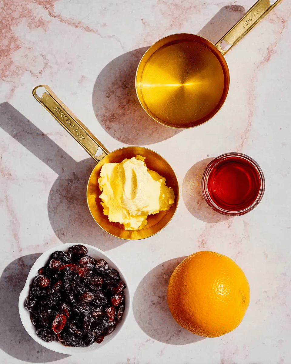 The image shows four items on a white marbled texture: one large, bright orange whole citrus fruit at the top center; below it, and slightly to the right, a small white bowl filled with dark dried berries that look wrinkled; to the left, two golden measuring spoons, one filled with melted butter with a smooth yellow color and creamy texture, while the other is empty and placed above the first; and in between the orange and the dried berries, a tiny container with a small amount of bright red liquid inside. Photo taken with an iphone --ar 4:5 --v 7