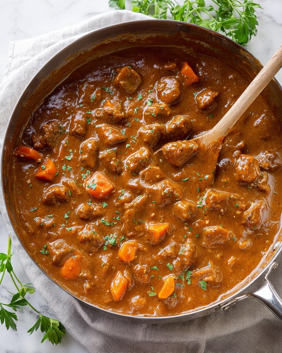 A close-up view of a shiny silver metal pan filled with thick, brown stew showing chunks of soft meat and small slices of orange carrots evenly mixed in the sauce. The stew has a rich, smooth texture with tiny green herb bits sprinkled on top, and a light wooden spoon rests inside the pan partly covered by the stew. The pan sits on a light gray cloth over a white marbled surface, with a couple of green leafy herbs placed around the edges. Photo taken with an iphone --ar 4:5 --v 7