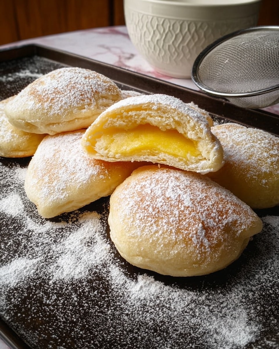 There are five soft, pale golden pastries dusted with white powdered sugar on a dark baking tray with some powdered sugar scattered around. One pastry is cut open on top of another, showing a bright yellow, smooth filling inside. In the background, there is a white bowl with a honeycomb pattern on a white marbled surface and a metal sieve with some powdered sugar on it. The image is close-up, highlighting the soft and slightly browned texture of the pastries, photo taken with an iphone --ar 4:5 --v 7