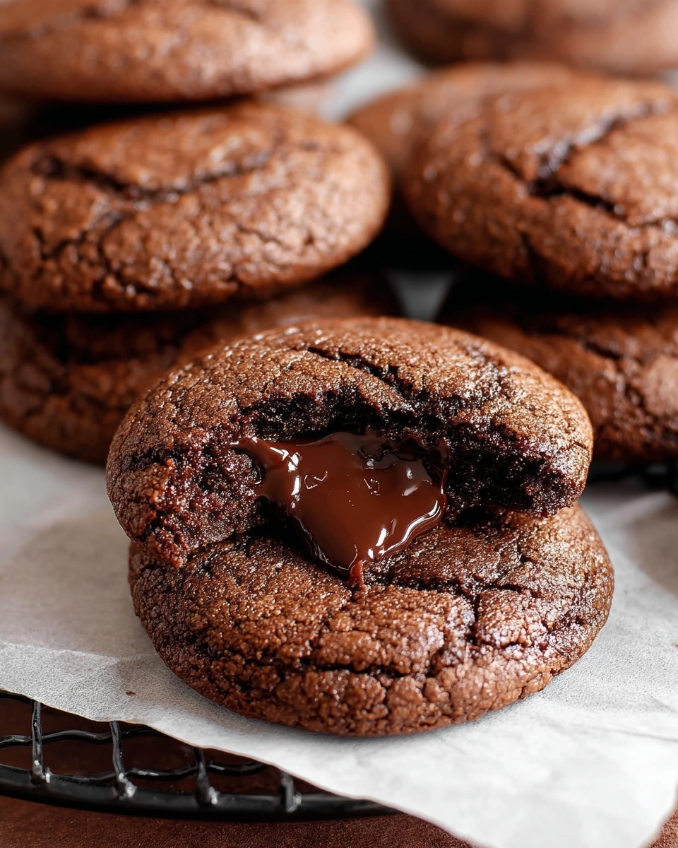 A close-up of several round dark brown chocolate cookies with a slightly cracked, rough texture on top, stacked closely on a white parchment paper that rests on a black wire cooling rack over a wooden surface. The cookie in the center has a bite taken out of it from the side, showing a rich, melted dark chocolate filling oozing from inside. The cookies appear soft and dense with a deep brown color. Photo taken with an iphone --ar 4:5 --v 7
