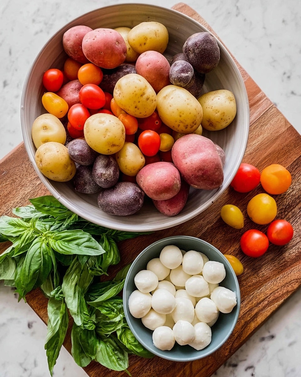 A large white bowl holds an assortment of small potatoes in three colors: reddish pink, yellow, and dark purple, mixed together. Inside the white bowl, there is a smaller gray bowl filled with red, orange, and yellow grape tomatoes. Next to the large bowl on a wooden cutting board rests bright green basil leaves with a few loose grape tomatoes in red and yellow nearby. At the bottom of the cutting board, a small gray bowl contains many small, smooth white mozzarella balls. The whole scene is set on a white marbled surface. Photo taken with an iphone --ar 4:5 --v 7