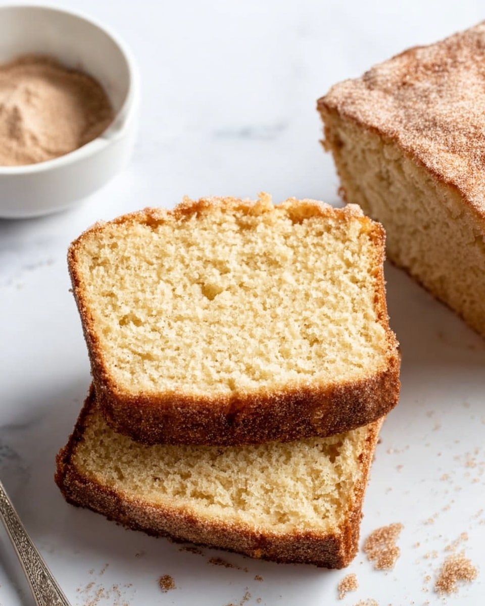 The image shows three pieces of a loaf cake on a white marbled surface. The first two pieces are stacked, with the top slice slightly tilted, revealing a soft, light golden inside with a fine crumb texture. The third piece is the bottom of the loaf, showing a darker, sugar-coated crust with a slightly rough texture. There are light crumbs scattered around the pieces on the surface. To the left, part of a white bowl with a cinnamon-sugar mix is visible. Photo taken with an iphone --ar 4:5 --v 7