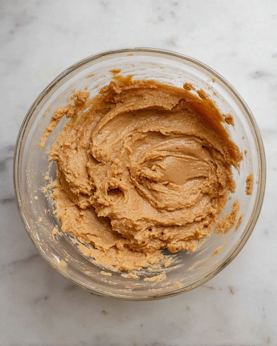 A clear glass bowl sits on a white marbled surface, filled with a smooth, thick, light brown dough that has a slightly grainy texture. The dough fills most of the bowl with swirled patterns on the surface, showing that it has been mixed well but still holds some small clumps. The edges of the bowl show bits of dough stuck to the inside, indicating recent stirring. Photo taken with an iphone --ar 4:5 --v 7