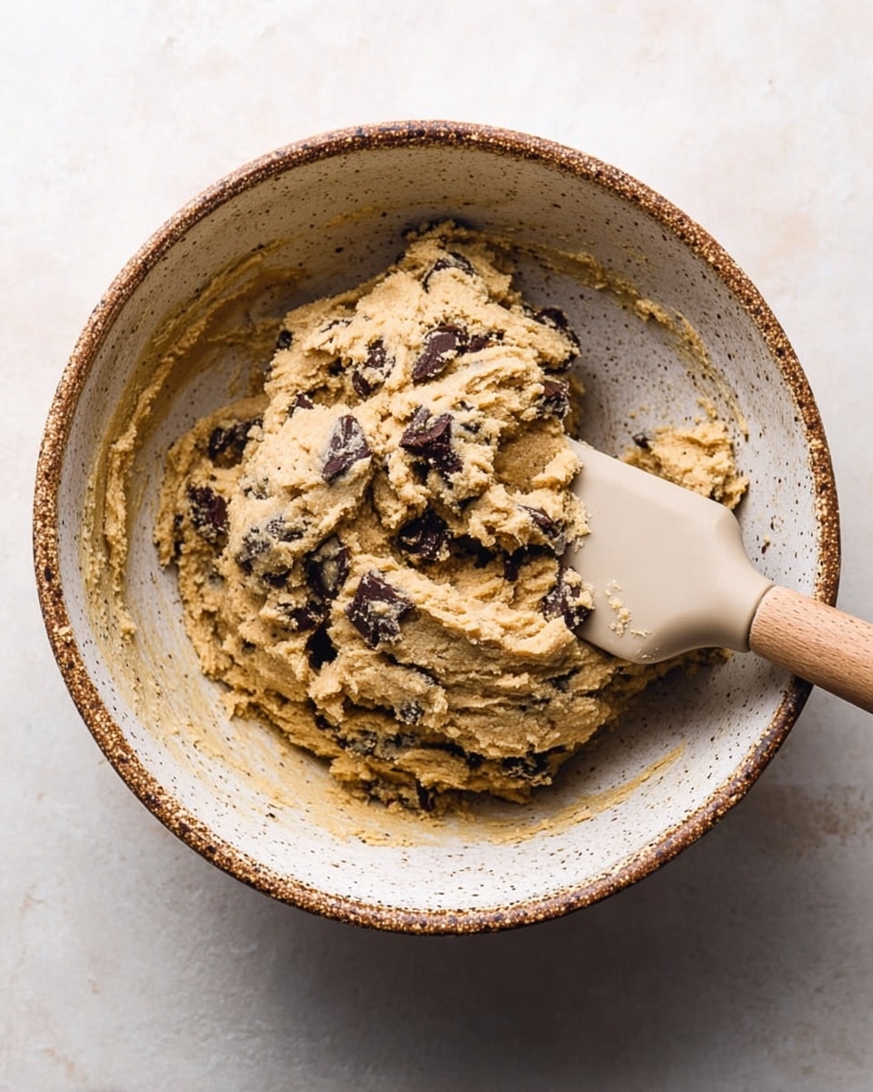 A rustic white bowl with speckled brown edges holds thick, light brown cookie dough mixed with uneven chunks of dark chocolate, giving it a textured look. A pale silicone spatula with a wooden handle is partially submerged in the dough, resting on the right side. The bowl sits on a white marbled surface, creating a clean and soft contrast to the warm colors and rough texture of the cookie mix. photo taken with an iphone --ar 4:5 --v 7