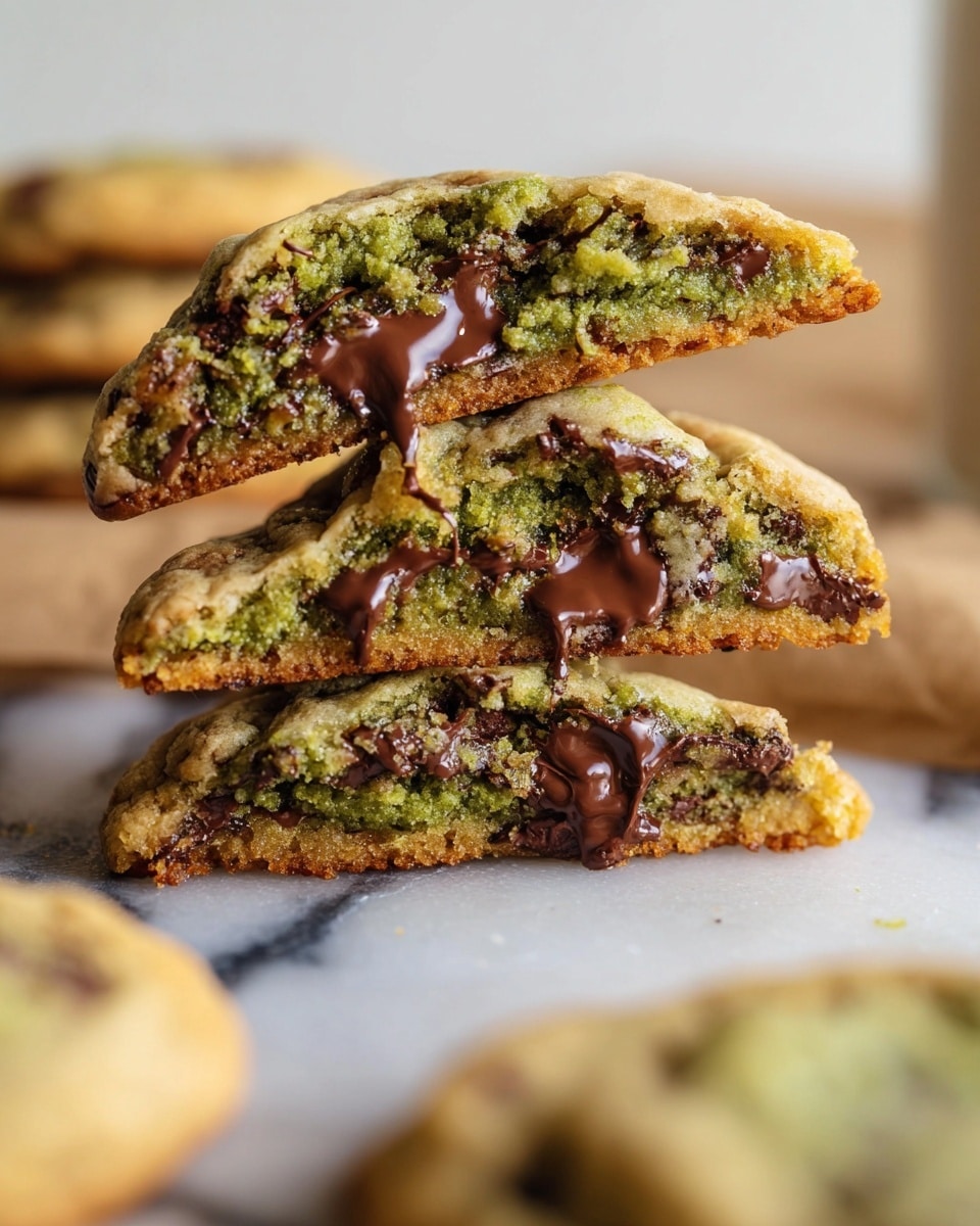 A stack of three thick cookies each broken in half and layered on top of each other is shown close up. Each cookie has a golden-brown crispy edge with a soft center holding layers of melted dark and green matcha chocolate chips inside, giving a shiny and gooey texture. The green matcha chocolate is the main color inside, mixed with dark brown chocolate chunks. The cookies are on a white marbled surface with other whole cookies blurred in the background. The photo is taken from a low angle to highlight the rich, melty layers and textures. photo taken with an iphone --ar 4:5 --v 7
