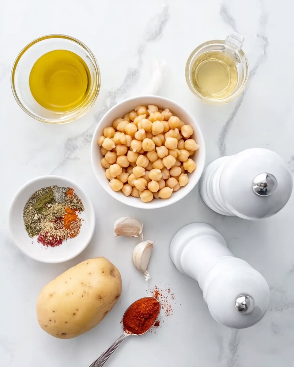 A white bowl filled with light beige chickpeas sits near the center on a white marbled surface. Next to it is a small white dish with olive oil and a glass cup holding light golden liquid. A whole garlic bulb with two cloves rests nearby. Below the chickpeas, a pale brown potato with smooth skin lies on the surface. To the left, a small white bowl contains mixed spices with green, red, and brown colors, while a silver spoon next to it holds bright red powder. Two white pepper mills stand upright on the right side of the image. The overall scene is bright and clean, with a white marbled background showing some subtle grey veins, photo taken with an iphone --ar 4:5 --v 7