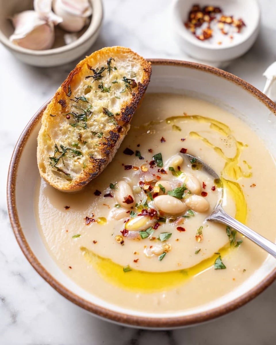 A beige soup with a smooth creamy texture fills a white bowl with a brown rim, topped with small pieces of white beans, green herbs, and red chili flakes, with a drizzle of yellow olive oil on the surface. A toasted baguette slice with herbs sits resting inside the bowl on the left side. A silver spoon is partly dipped in the soup on the right side, held by a woman's hand. In the background, there is a small white bowl and whole garlic bulbs on a white marbled surface. photo taken with an iphone --ar 4:5 --v 7