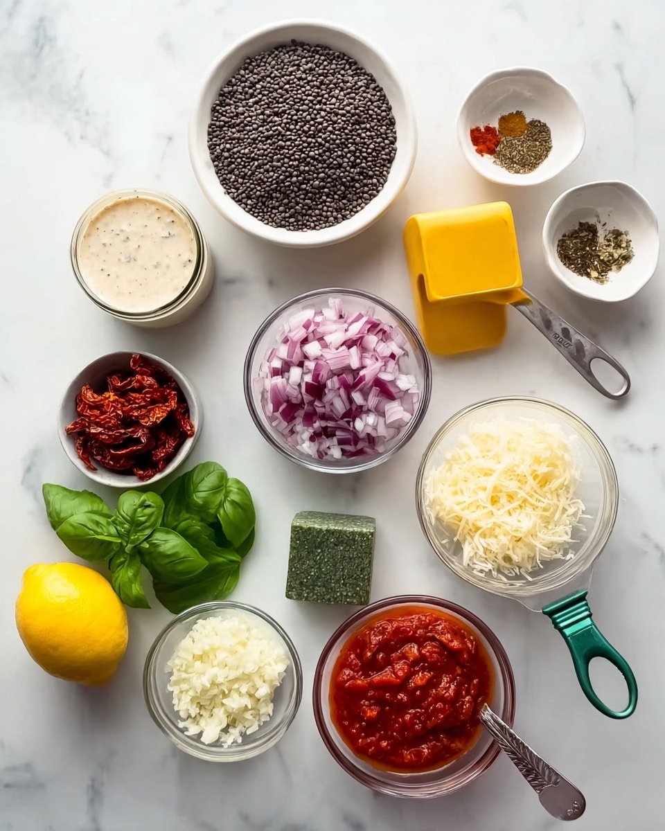 A top-down view of various cooking ingredients arranged neatly on a white marbled surface. There is a small white bowl with four different spices placed close together on the upper right. Next to it is a yellow scoop filled with black lentils. Below, there are clear glass bowls holding chopped red onions, sun-dried tomatoes, fresh green basil leaves, and grated cheese in a white bowl with a green handle. A small round glass bowl has minced garlic, and another small bowl contains a smooth red paste, likely tomato paste. A whole lemon is placed near the center, with a cube-shaped green seasoning cube next to the onions. A small jar with a creamy white sauce completes the setup. The arrangement is clean and colorful, with layers of different textures and colors clearly visible. Photo taken with an iphone --ar 4:5 --v 7
