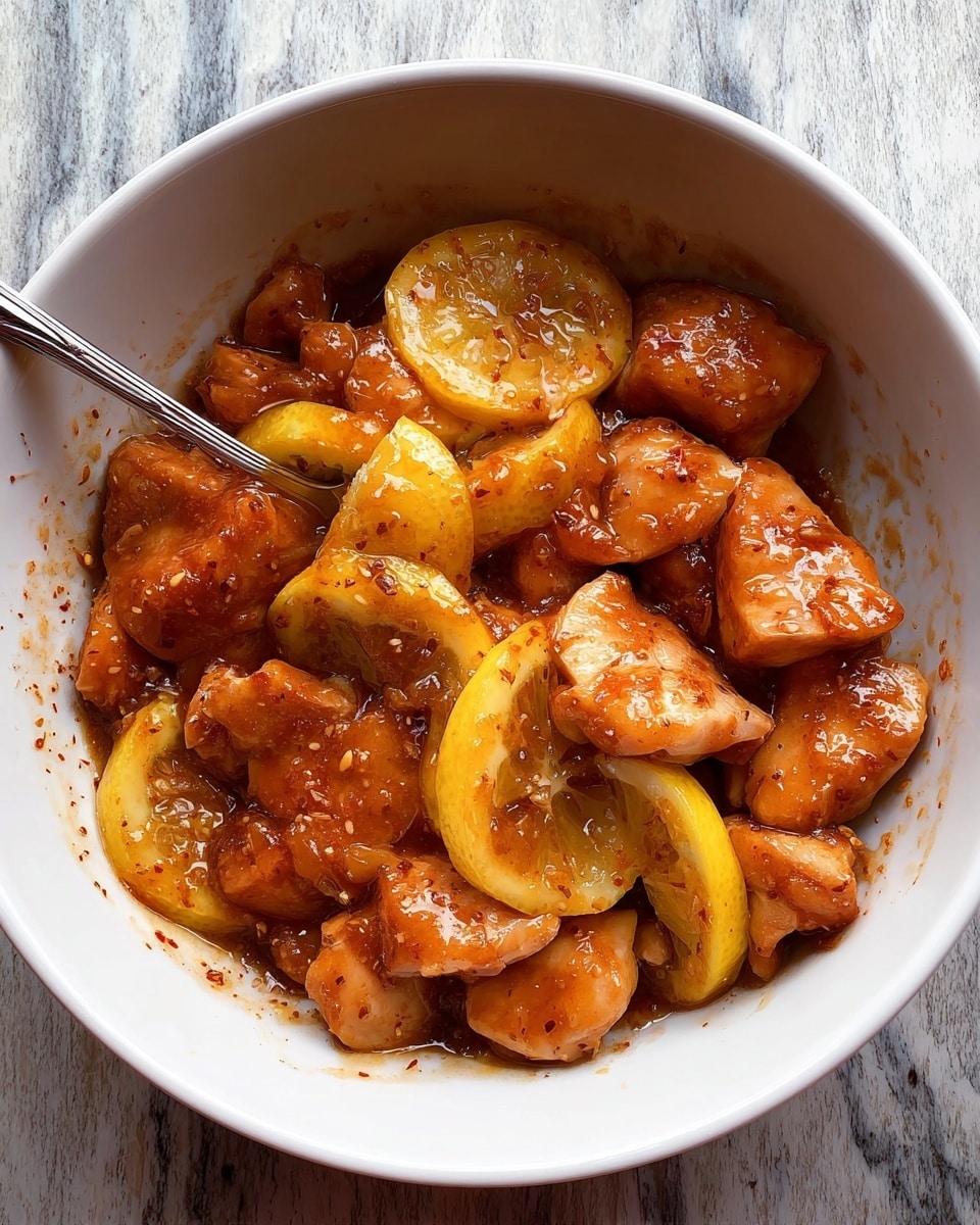 A white bowl holds thick chunks of raw chicken coated in a shiny, brown sauce with visible spices. Mixed in with the chicken are thin, round slices of bright yellow lemon, some tucked under the chicken pieces. A silver spoon rests inside the bowl, touching the chicken. The bowl is placed on a white marbled surface. photo taken with an iphone --ar 4:5 --v 7