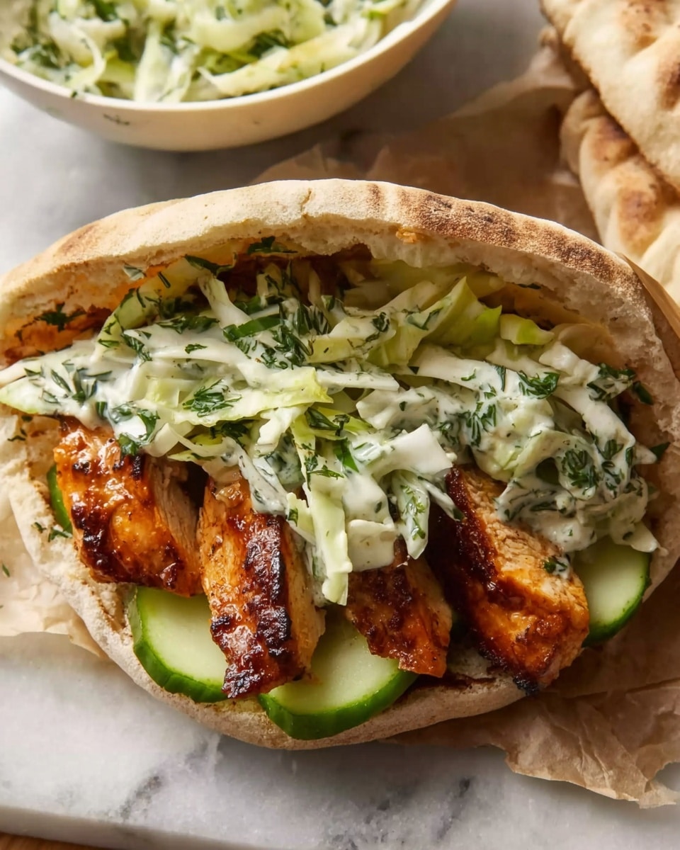 A pita sandwich filled with several thick pieces of glazed orange-brown chicken placed in the middle, topped with a creamy slaw made of thinly sliced white cabbage mixed with green herbs that cover most of the chicken and peek out of the pita. On one side, there are thin slices of pale green cucumber layered inside the pita. The pita itself is light brown with a soft texture, slightly open to show the filling inside. The sandwich is resting on a white marbled surface with another flatbread beneath it and a white bowl with more cabbage slaw on the side. Photo taken with an iphone --ar 4:5 --v 7