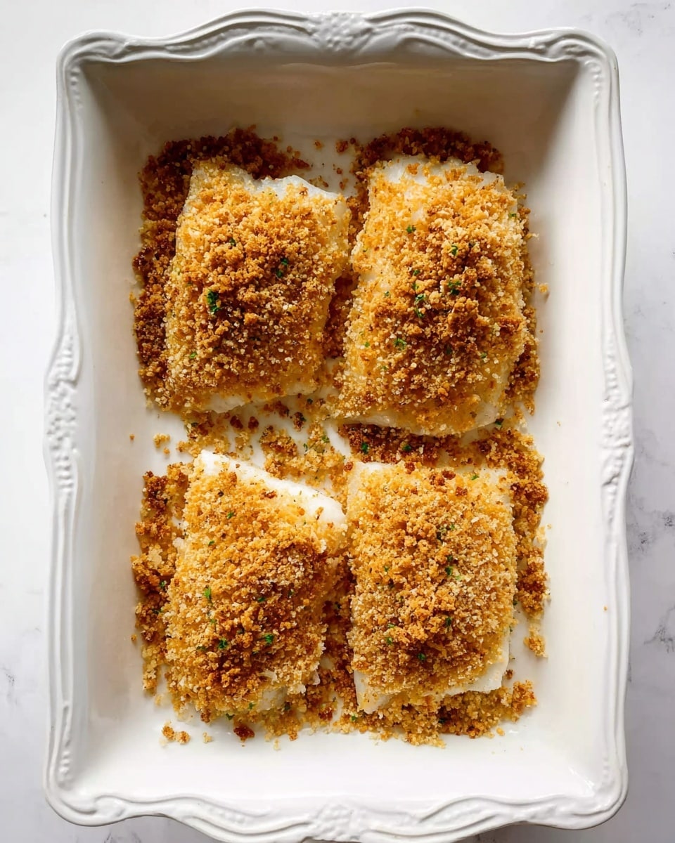 In a white rectangular baking dish with decorative edges, there are four pieces of fish topped with a golden brown crumb crust. The crumbs are unevenly spread, some falling onto the white dish around the fish. The fish pieces are light in color and the crumb layer looks crunchy and rough, covering each fish piece fully. The dish sits on a white marbled surface photo taken with an iphone --ar 4:5 --v 7