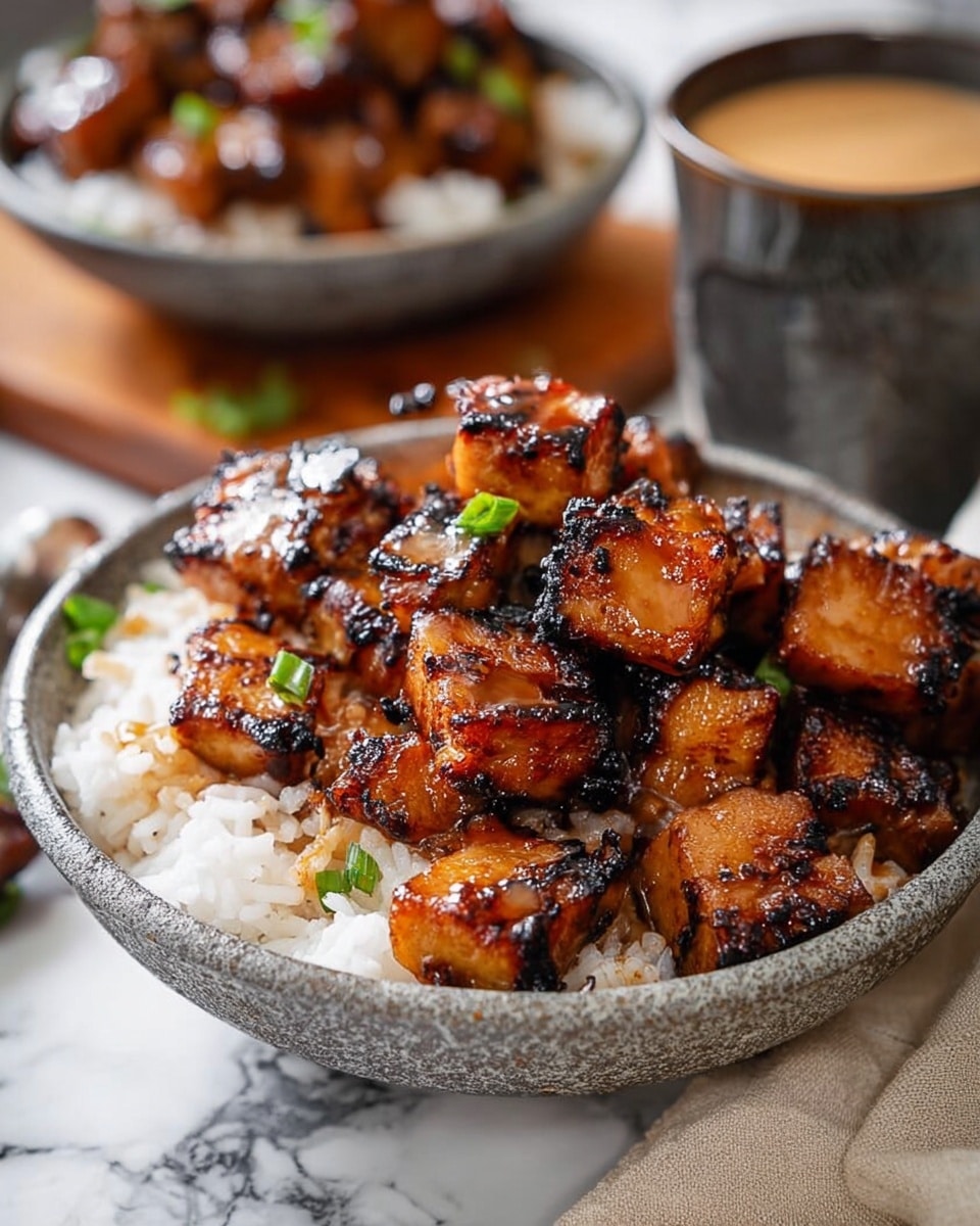 The image shows a grey textured bowl filled with a base layer of white cooked rice, topped with a pile of shiny, glazed grilled meat pieces that are golden brown with charred edges. Small green garnish bits are scattered lightly on the meat, adding a drop of color. In the background, there's a blurring view of another similar bowl and a cup with a light brown drink, all set on a white marbled surface with a beige cloth napkin beside the bowl. photo taken with an iphone --ar 4:5 --v 7