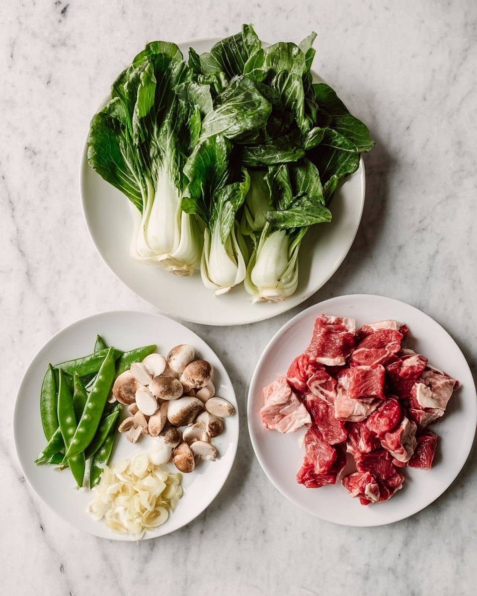 Three white plates are arranged on a white marbled texture. The top left plate holds fresh green leafy bok choy with thick white stems, arranged loosely. The bottom left plate shows fresh green snap peas on one side and a cluster of light brown mushrooms with long thin stems on the other side, alongside small piles of thinly sliced garlic. The right plate contains chunks of raw red meat with white fat marbled throughout, piled in the center. photo taken with an iphone --ar 4:5 --v 7