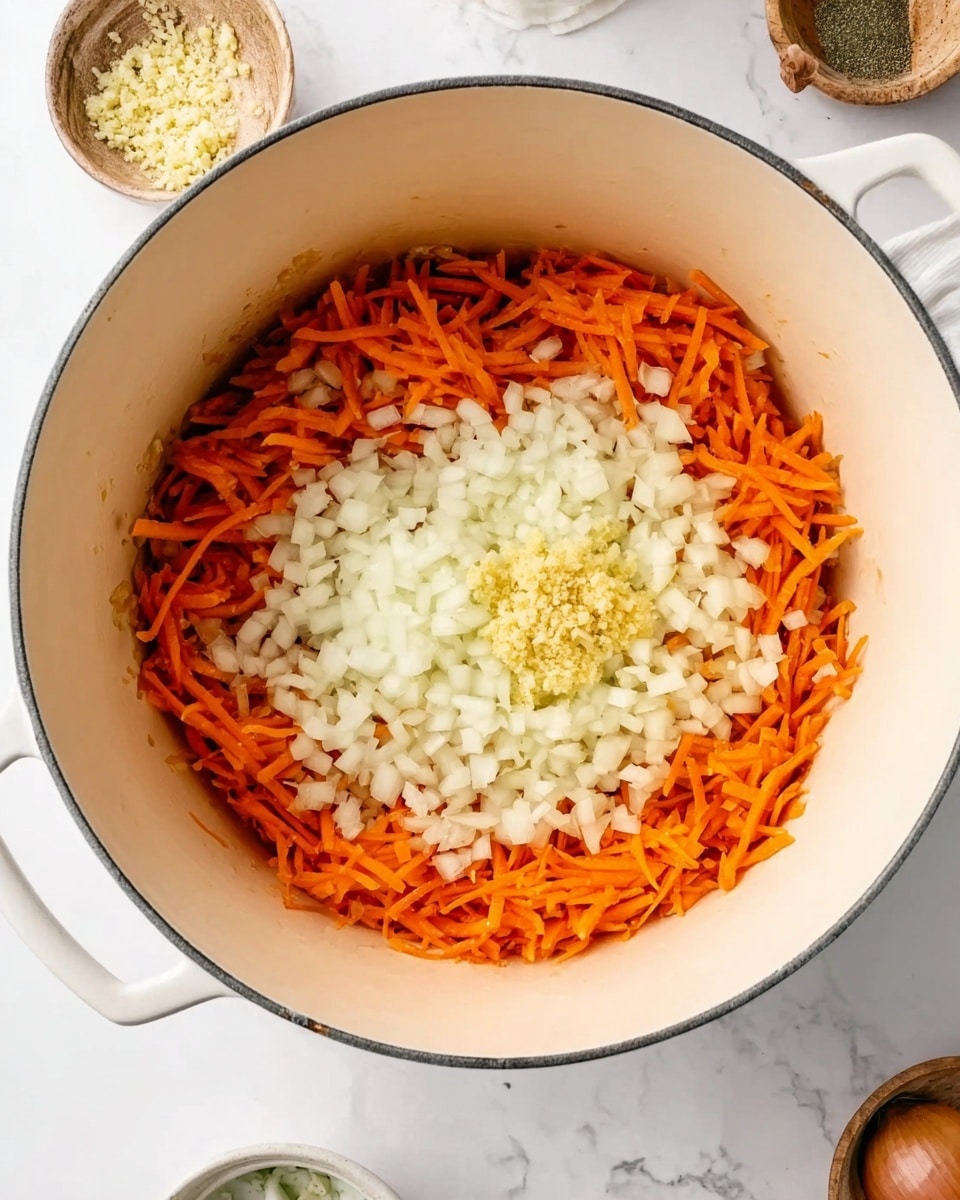 Inside a large white pot, there is a bottom layer of thin orange carrot sticks spread evenly. On top of the carrots, there is a thick layer of small white chopped onions covering the center. In the middle of the onions, there is a small pile of finely minced light yellow garlic. The pot is on a white marbled surface, with some small bowls and ingredients partly visible around it. Photo taken with an iphone --ar 4:5 --v 7