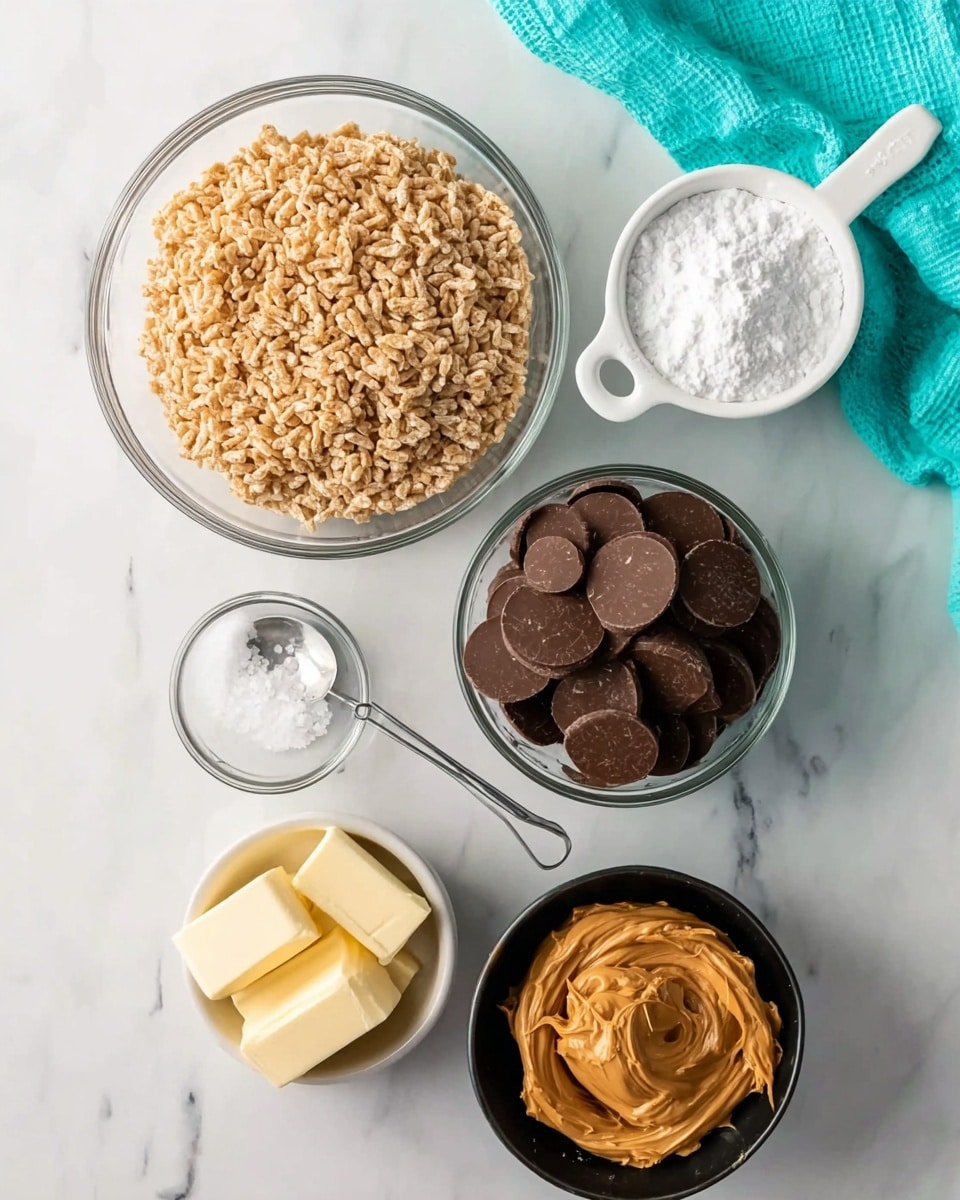 The image shows six glass or white containers placed on a white marbled surface. Starting from the top left, there is a clear glass bowl filled with light brown crispy puffed rice. To its right, a white measuring cup holds fine white powdered sugar. Below the sugar is a black measuring cup filled with dark brown chocolate discs. To the left of that is a small clear glass bowl with a spoonful of white salt. Below the puffed rice, a small white bowl contains several rectangular pieces of pale yellow butter. At the bottom right, a black measuring cup is full of smooth, light brown peanut butter with visible swirls. A turquoise cloth is partially visible in the top right corner of the image photo taken with an iphone --ar 4:5 --v 7