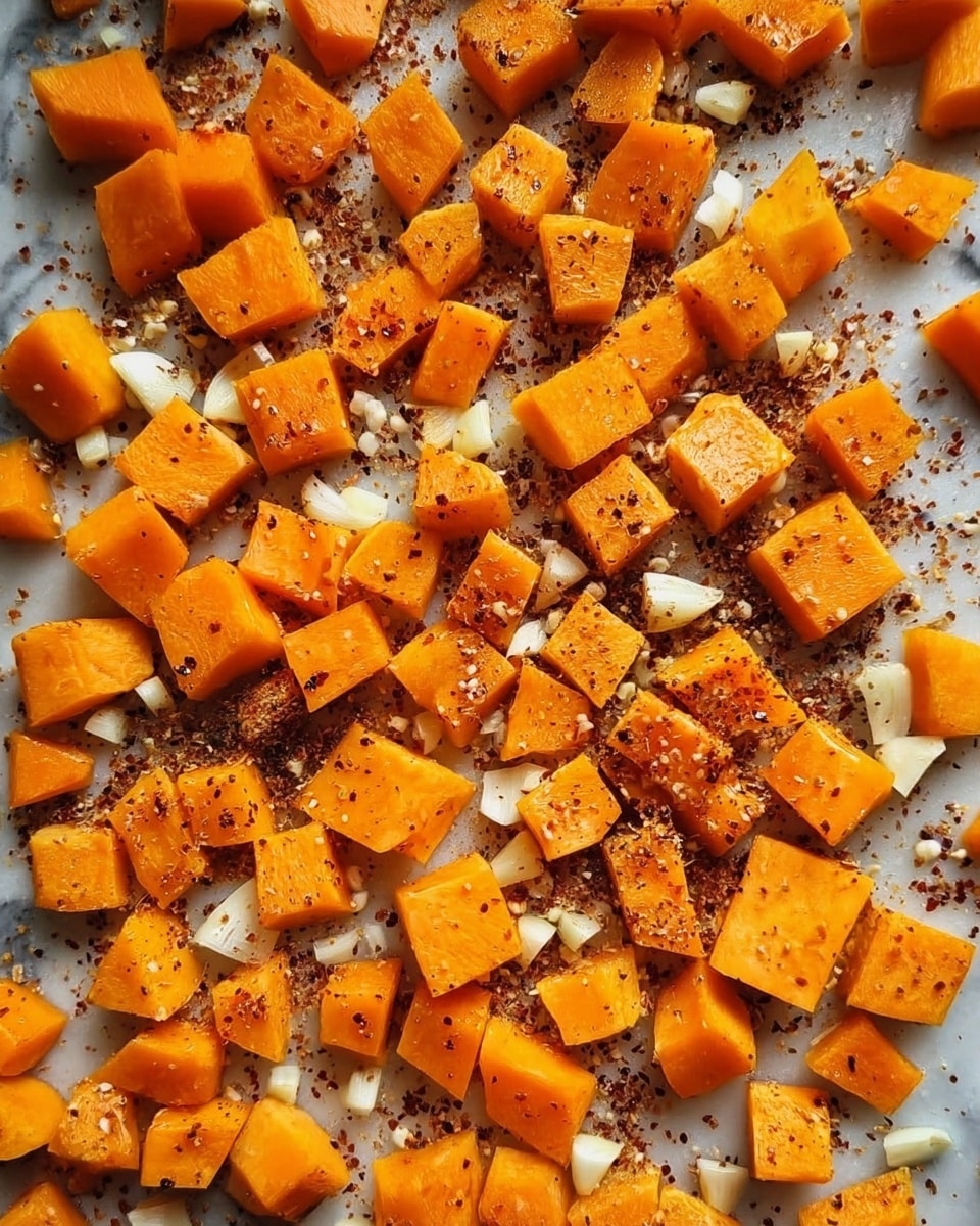 The image shows many small bright orange cubes of pumpkin spread evenly on a white marbled surface, with scattered small white pieces of garlic and a sprinkle of mixed dark and red spices over the top, creating a textured and colorful appearance. photo taken with an iphone --ar 4:5 --v 7