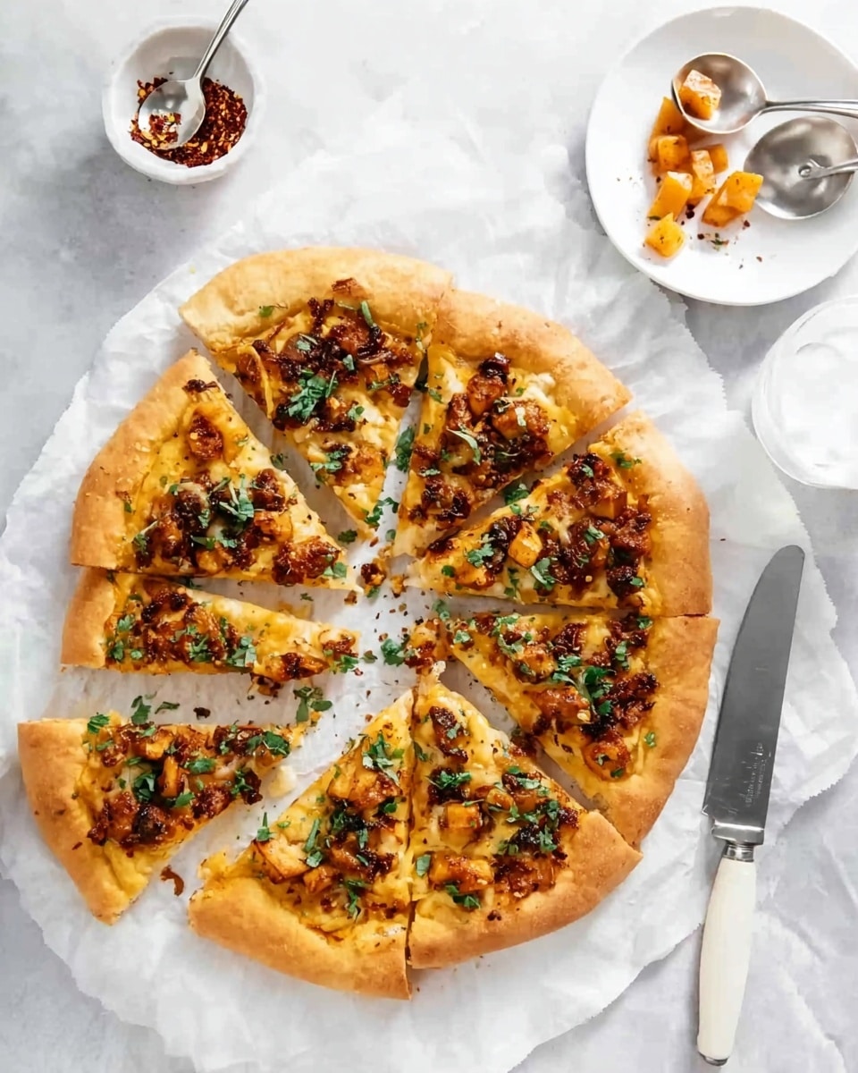 A pizza cut into eight slices sits on white parchment paper over a white marbled surface. The crust is golden brown and thick, with layers of melted yellow cheese, small brown pieces of cooked topping, and bright orange chunks spread evenly across the pizza. Fresh green herbs are sprinkled on top, adding a touch of color and freshness. To the top right, a small white plate holds a few orange chunks and two metal spoons, next to a small white bowl filled with red pepper flakes. A large knife with a white handle lies to the right of the pizza. The scene is softly lit, showing texture on the crust and toppings clearly. Photo taken with an iphone --ar 4:5 --v 7