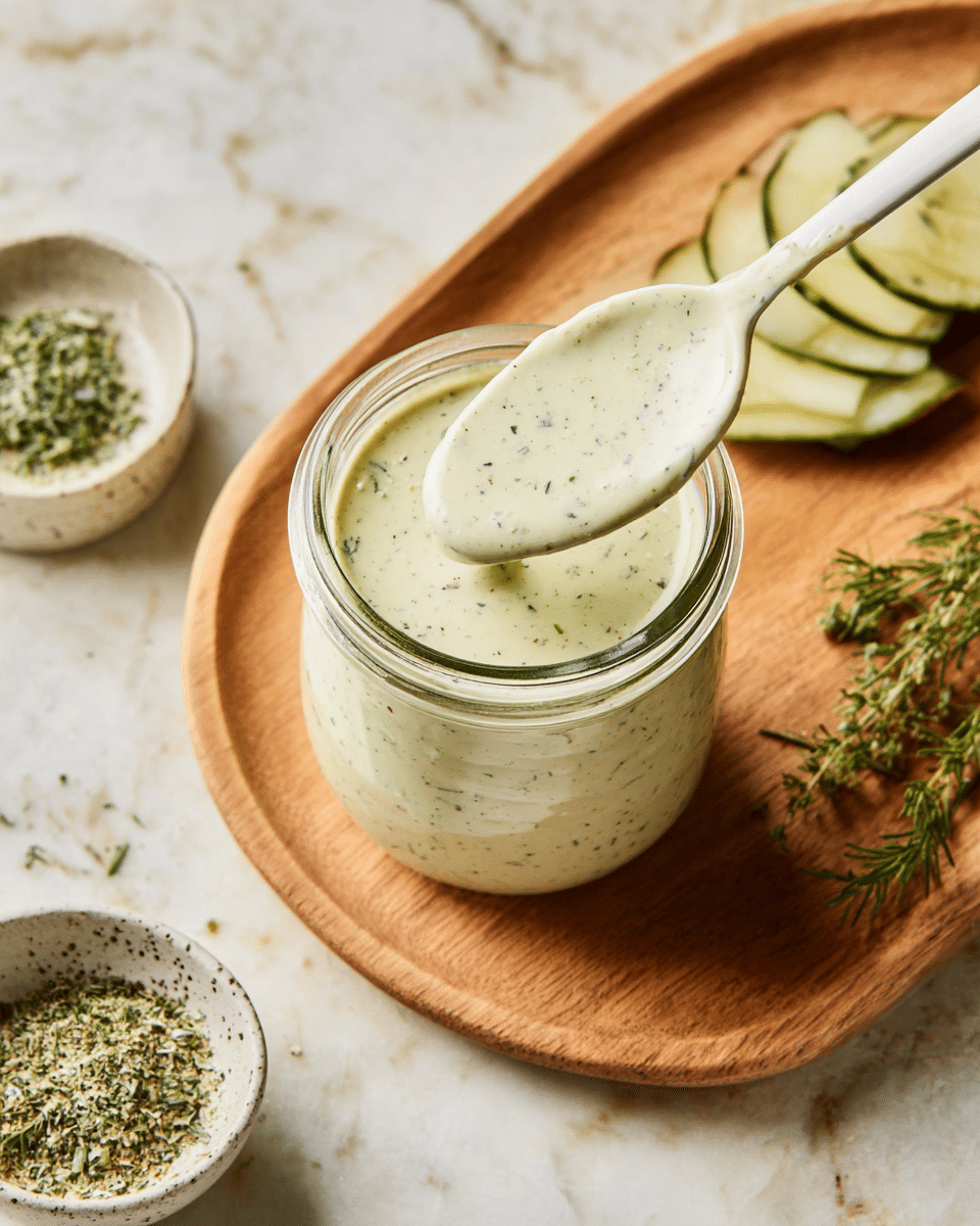 A clear glass jar filled with creamy, pale green sauce speckled with small green herbs sits centered on a light brown wooden board. A white spoon, covered in the same sauce, is held over the jar, showing the sauce’s smooth, slightly thick texture. To the left on the board, there is a small white bowl with ground herb mix, and some fresh green herb sprigs rest nearby on a light wooden plate. On the right side, slices of a pale green vegetable lie next to a small speckled bowl. The whole scene is placed on a white marbled surface. photo taken with an iphone --ar 4:5 --v 7