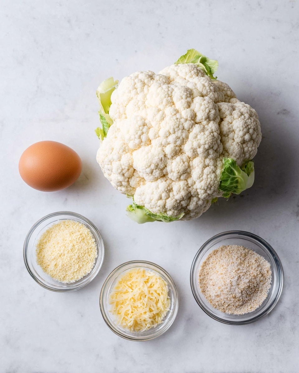 The image shows a single whole cauliflower with small light green leaves on a white marbled surface. Around the cauliflower, there are four small clear glass bowls containing different ingredients: fine yellowish breadcrumbs at the top left, yellow grated cheese at the bottom right, and a mix of salt and light brown powder in the top right bowl. A brown egg sits on the white marbled surface to the left of the cauliflower. The arrangement is bright and clean with soft natural light. photo taken with an iphone --ar 4:5 --v 7