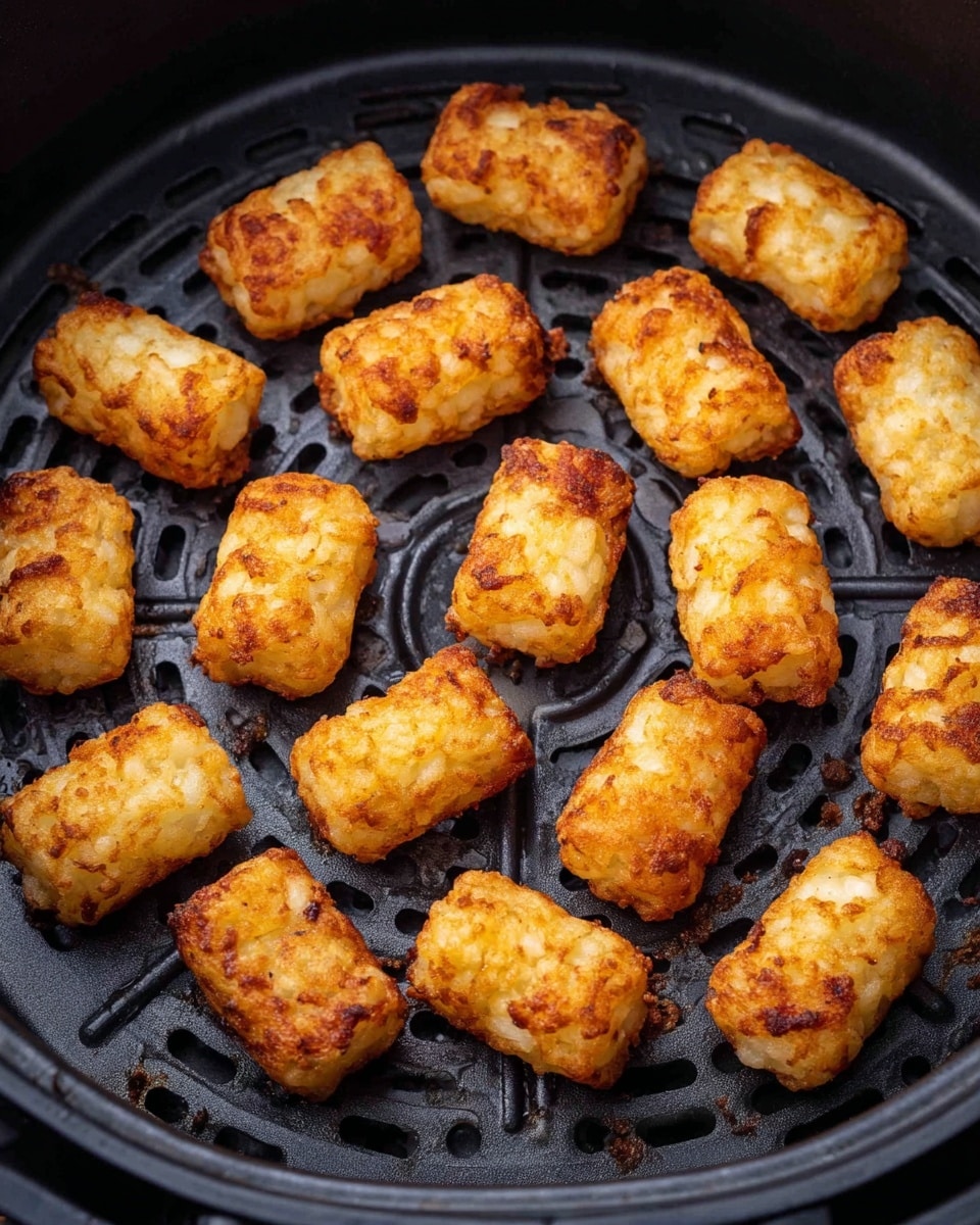 The image shows a black air fryer basket filled with about twenty golden-brown tater tots, arranged loosely in a circular pattern. Each tater tot has a crispy texture with some darker toasted spots, showing a mix of light yellow and deep brown colors. The basket has a ridged surface with small holes and droplets of moisture. The tater tots are evenly spaced but not perfectly aligned, giving a casual, fresh-cooked look. photo taken with an iphone --ar 4:5 --v 7