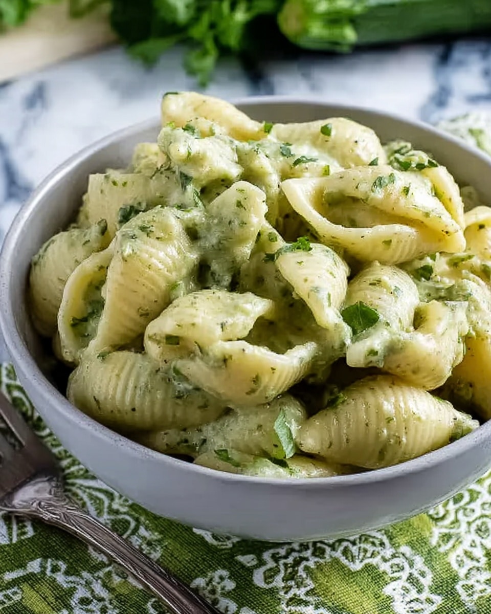 A close-up image of a white bowl filled with shell pasta that is coated in a creamy green sauce with visible small bits of herbs mixed throughout. The pasta looks soft and the sauce has a smooth texture with a light green color, covering each shell evenly. The bowl sits on a patterned cloth with green and white designs, and the background has a white marbled surface with some green vegetables slightly blurred in the back. A silver fork is placed near the bowl on the cloth. photo taken with an iphone --ar 4:5 --v 7