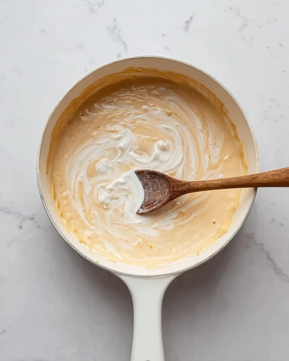 A white round pot filled with a smooth, creamy mixture that is light beige in color with swirls of white cream on top. A wooden spoon with a darkened tip is resting inside the pot, slightly covered in the creamy mix. The pot sits on a white marbled surface, which creates a clean and bright background. The texture of the mixture appears thick and velvety, gently folded together with the cream swirls. photo taken with an iphone --ar 4:5 --v 7