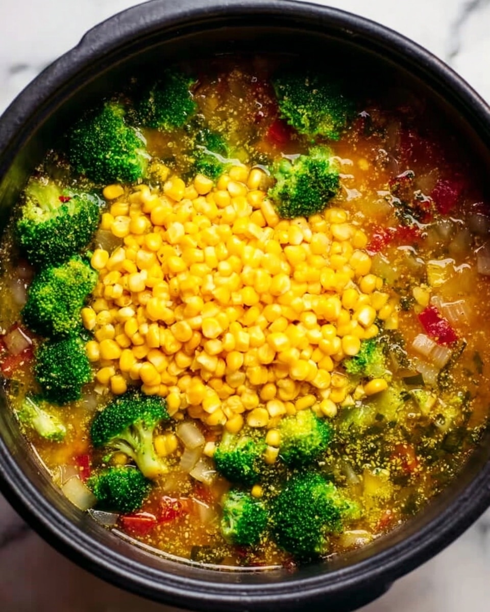 The image shows a black pot filled with a colorful soup or stew. The base layer is a watery broth with small pieces of red and white vegetables and herbs floating around. On top of the broth are bright green broccoli florets scattered unevenly. The top layer is a large mound of yellow corn kernels in the center of the pot, creating a contrast with the green broccoli and the darker broth. The pot is set against a white marbled surface. Photo taken with an iphone --ar 4:5 --v 7